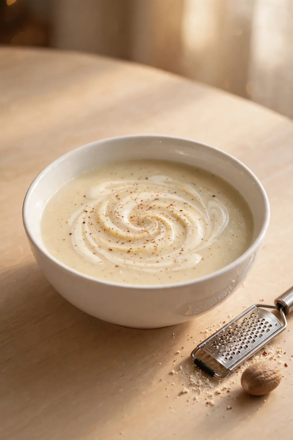 Parsnip soup with a nutmeg cream swirl and grated nutmeg in a white bowl