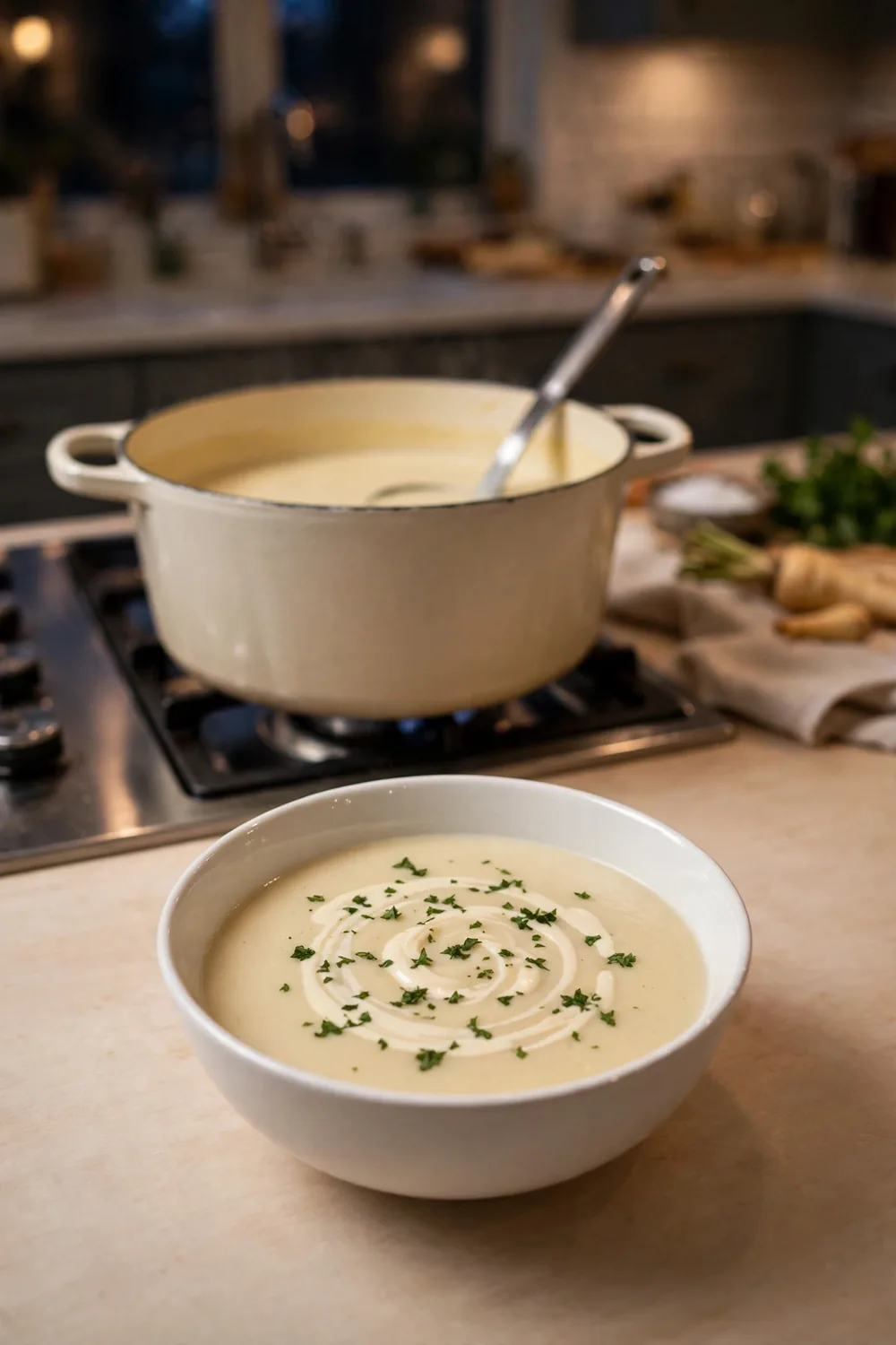 Parsnip soup in a white bowl with parsley beside a pot on the stove