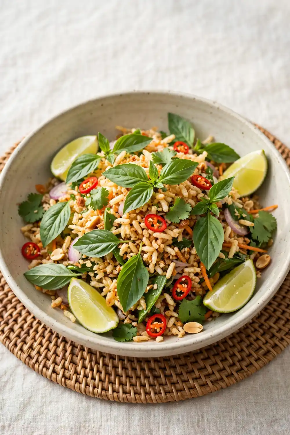 Thai basil lime crisped rice bowl with basil leaves lime wedges and chili