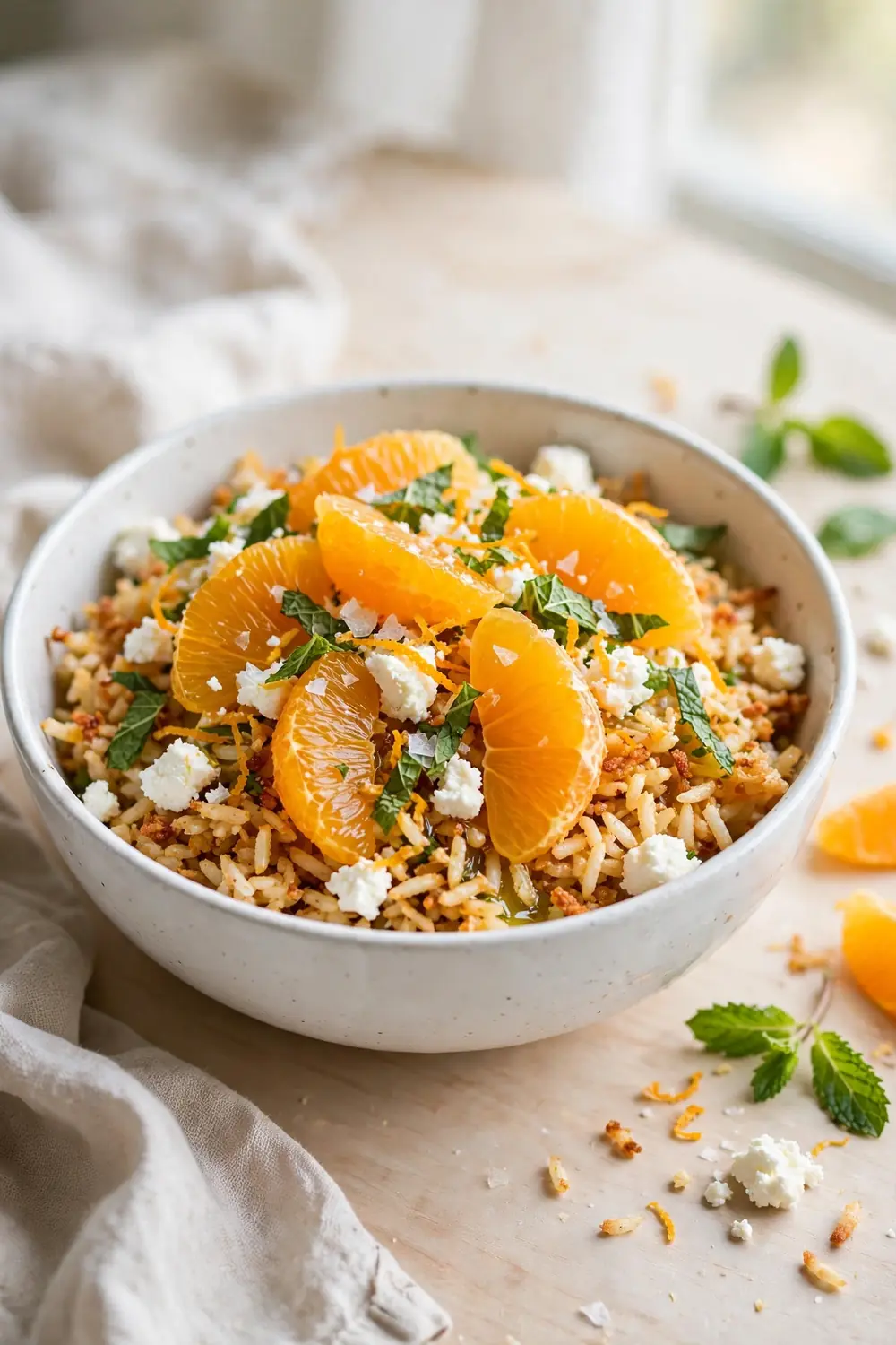 Citrus feta crisped rice bowl with orange segments crumbled feta and herbs