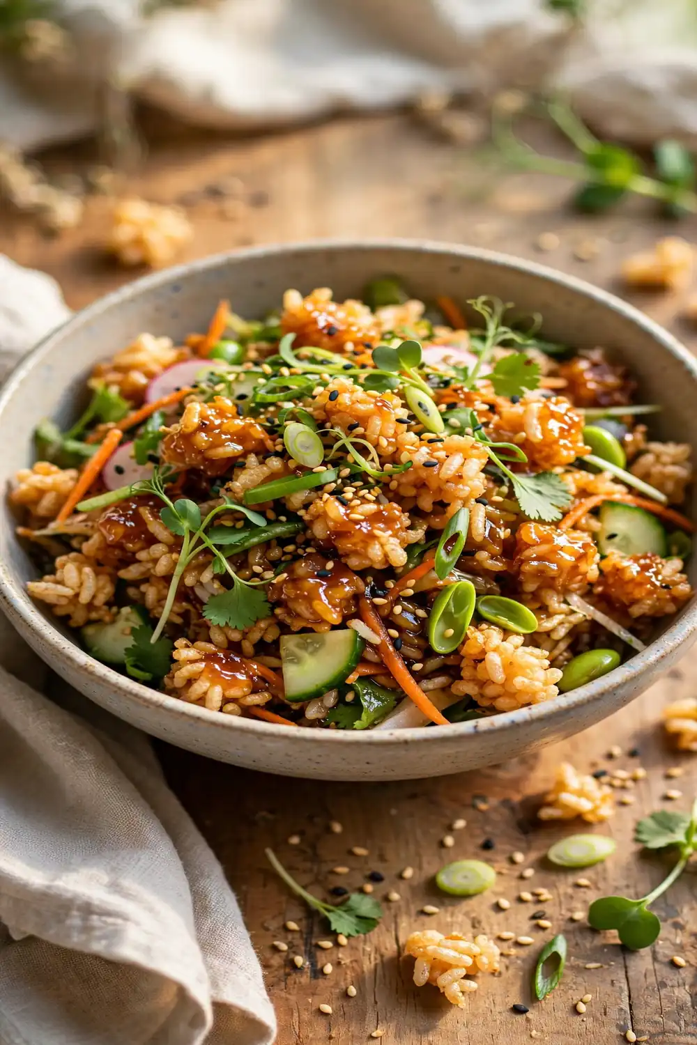 Miso maple crisped rice bowl with glossy glaze scallions and sesame seeds