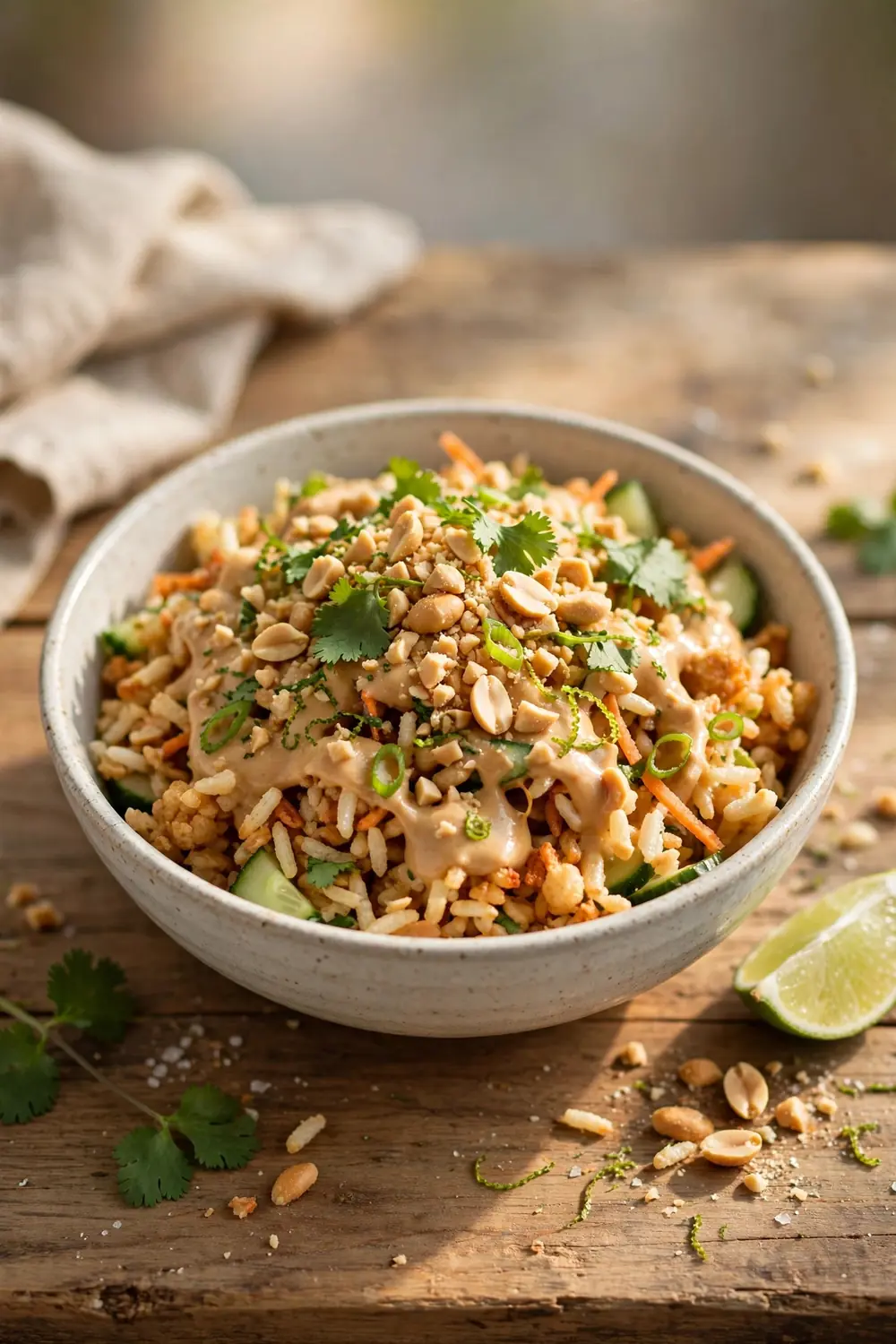 Peanut lime crisped rice bowl with peanut sauce crushed peanuts and cilantro