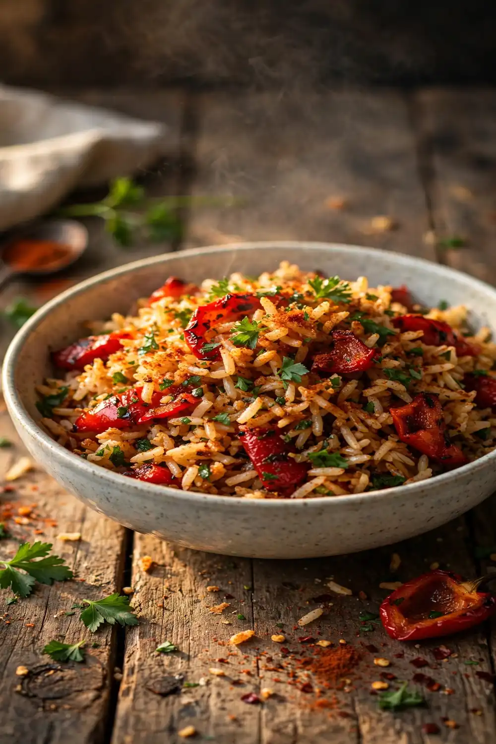 Smoky paprika crisped rice bowl with paprika roasted peppers and parsley