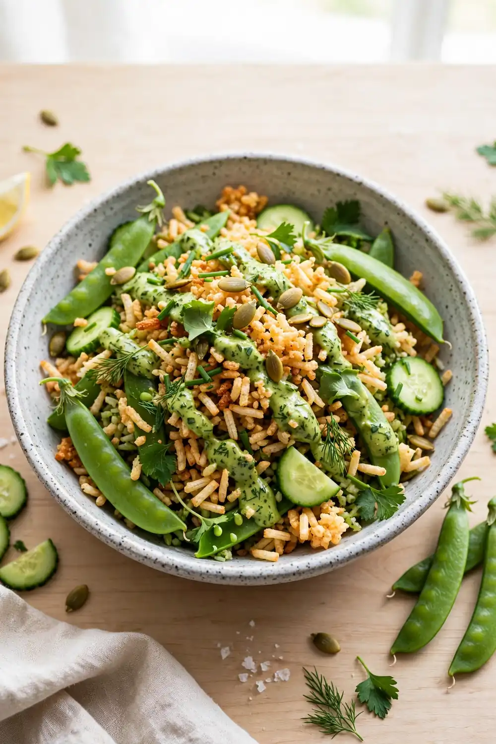 Green goddess crisped rice bowl with green herb dressing avocado and seeds