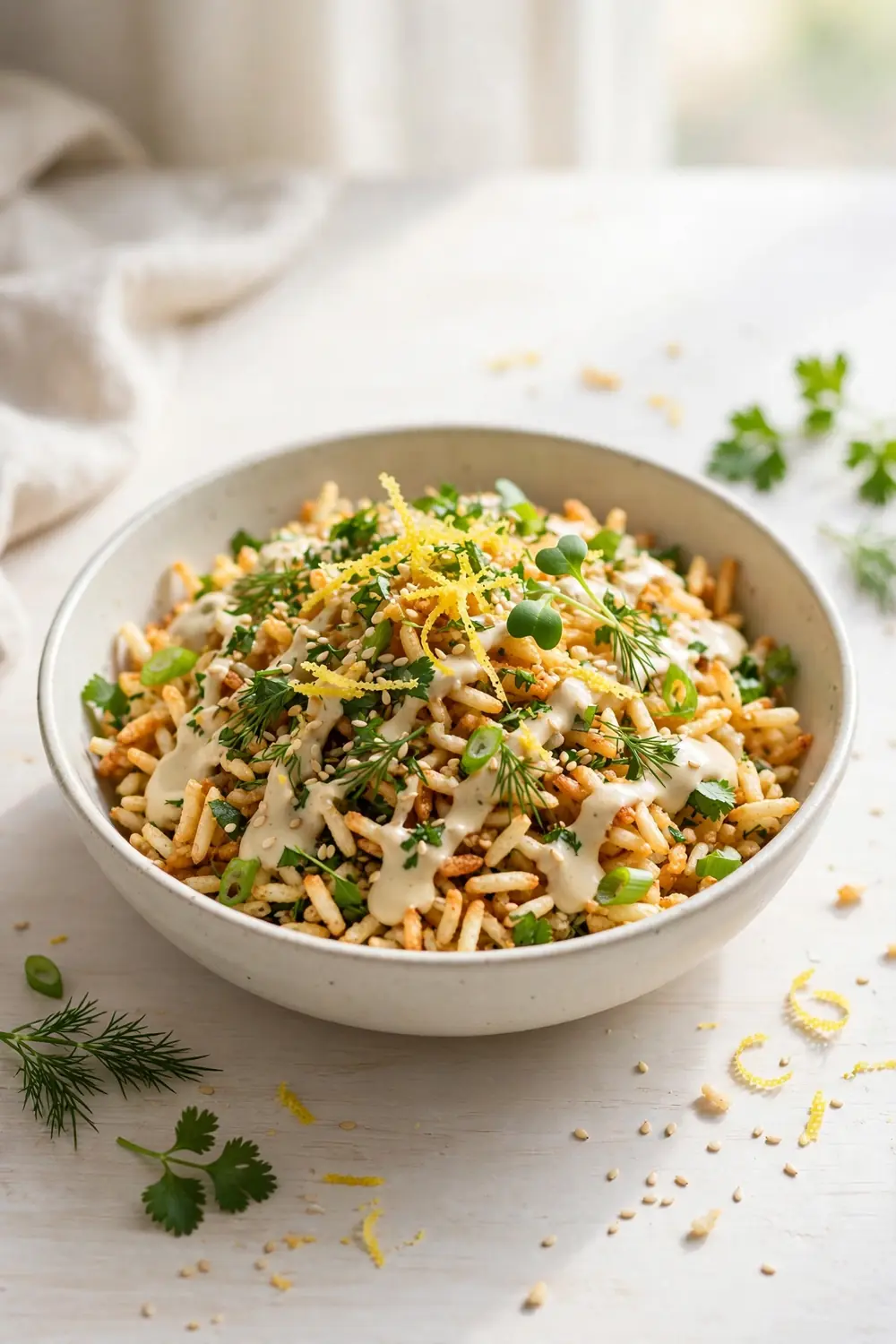 Lemon tahini crisped rice bowl with tahini drizzle lemon zest and herbs