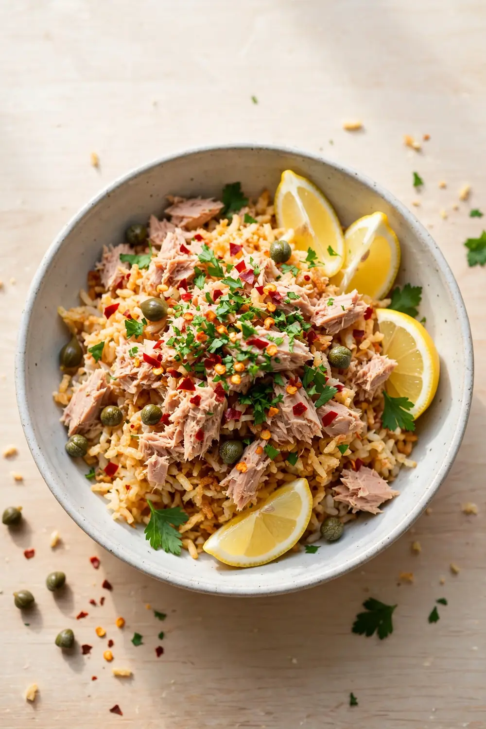 Chili tuna crisped rice bowl with flaked tuna chili flakes and lemon