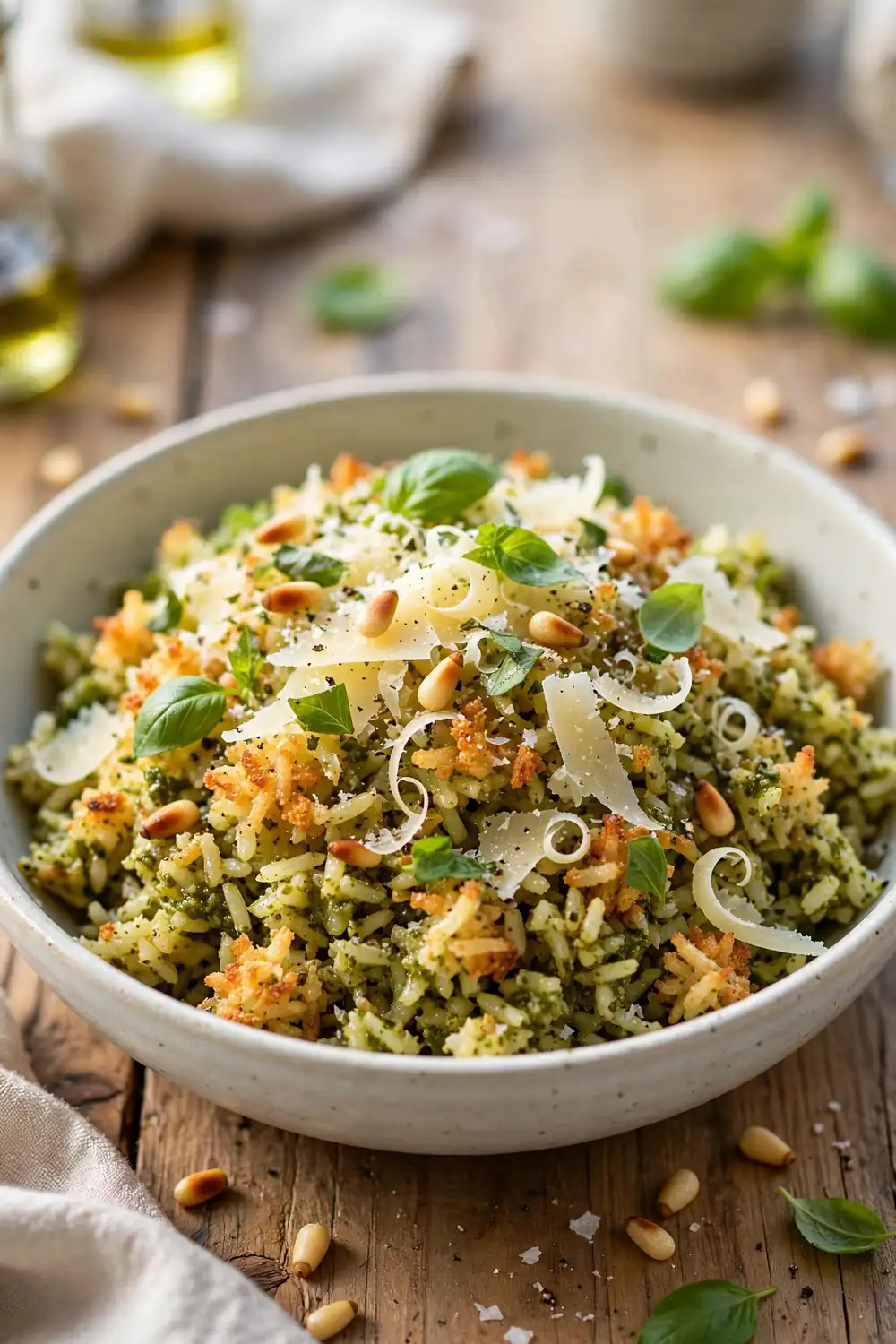 Pesto parmesan crisped rice bowl with basil pesto parmesan shavings and pine nuts