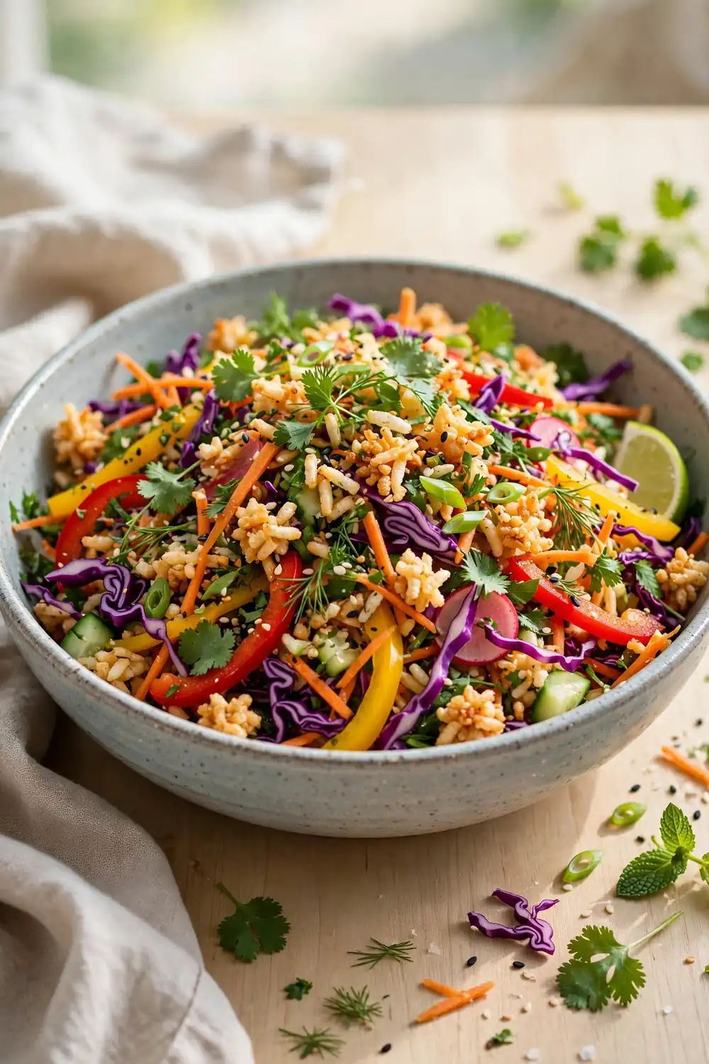 Rainbow veggie crisped rice bowl with shredded cabbage carrots peppers and herbs