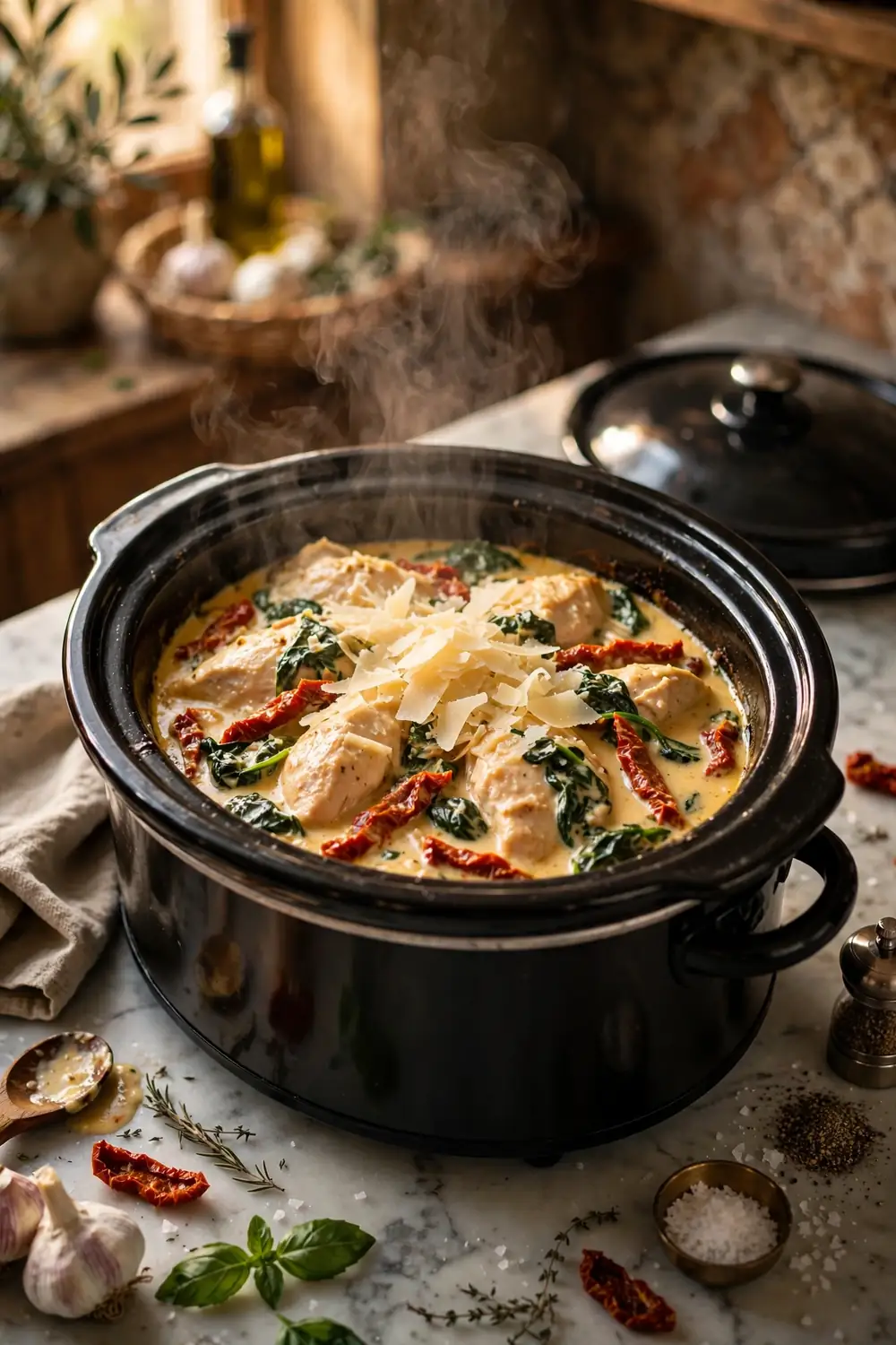 Creamy Tuscan chicken with spinach sun dried tomatoes and parmesan in a slow cooker