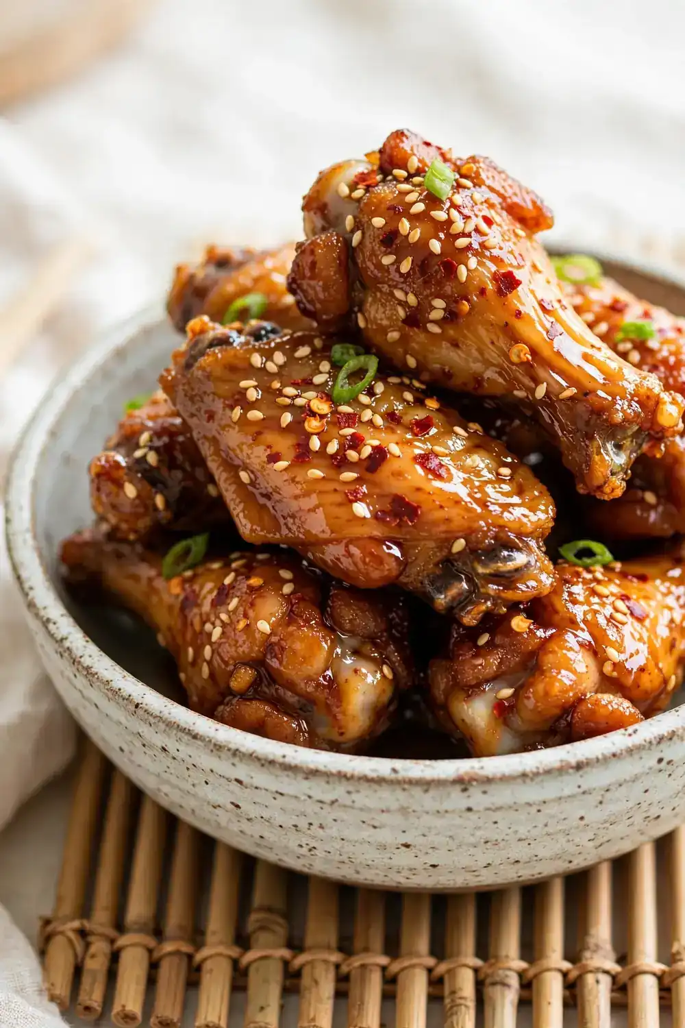 Sticky chili chicken wings in a bowl with sesame and chili flakes