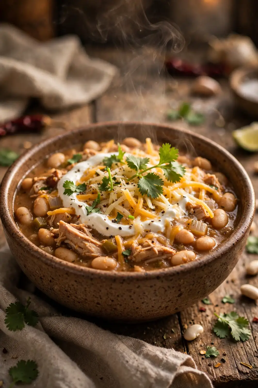 White bean chicken chili in a bowl with cheese sour cream and cilantro