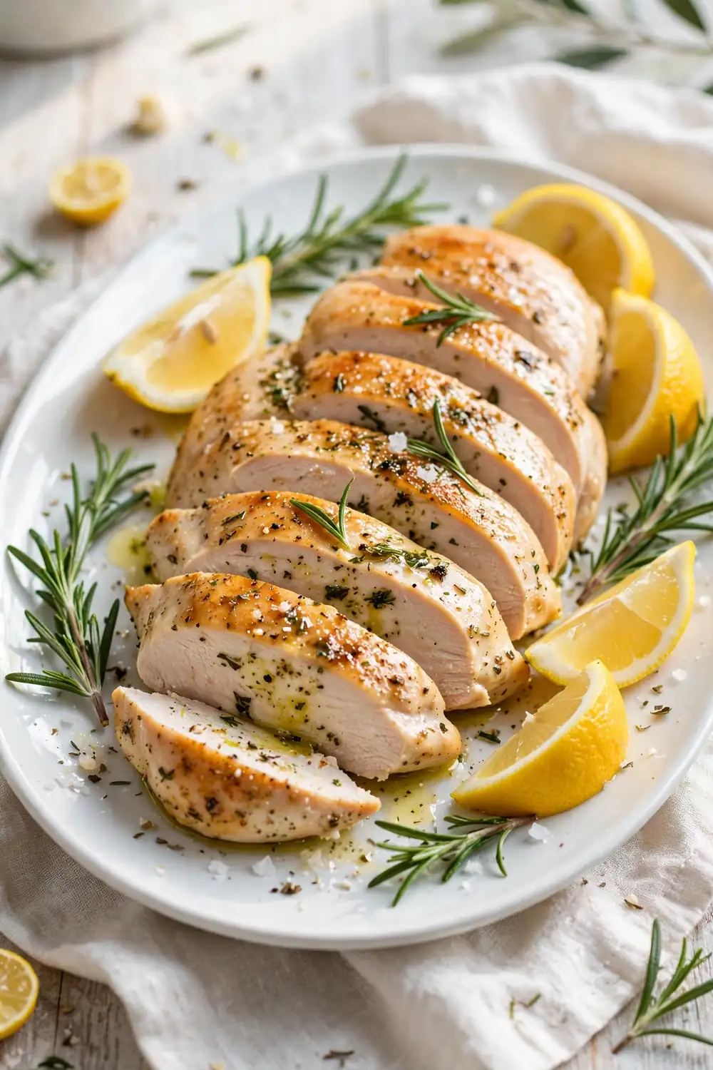 Lemon herb sliced chicken breast with lemon wedges and rosemary