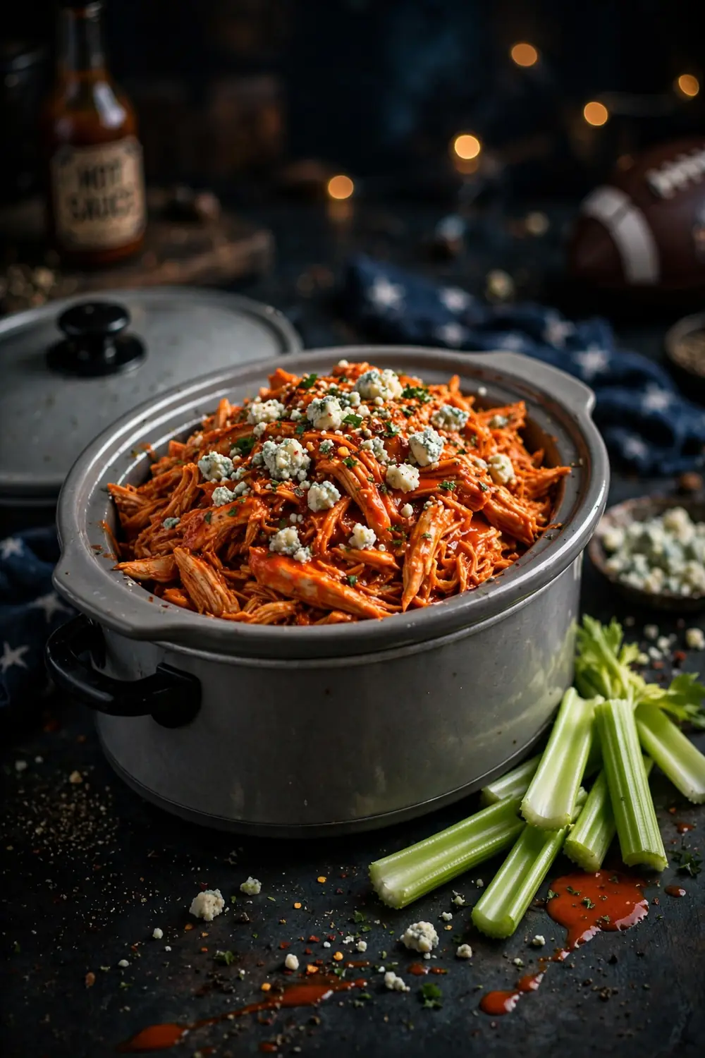 Buffalo shredded chicken with blue cheese crumbles and celery sticks