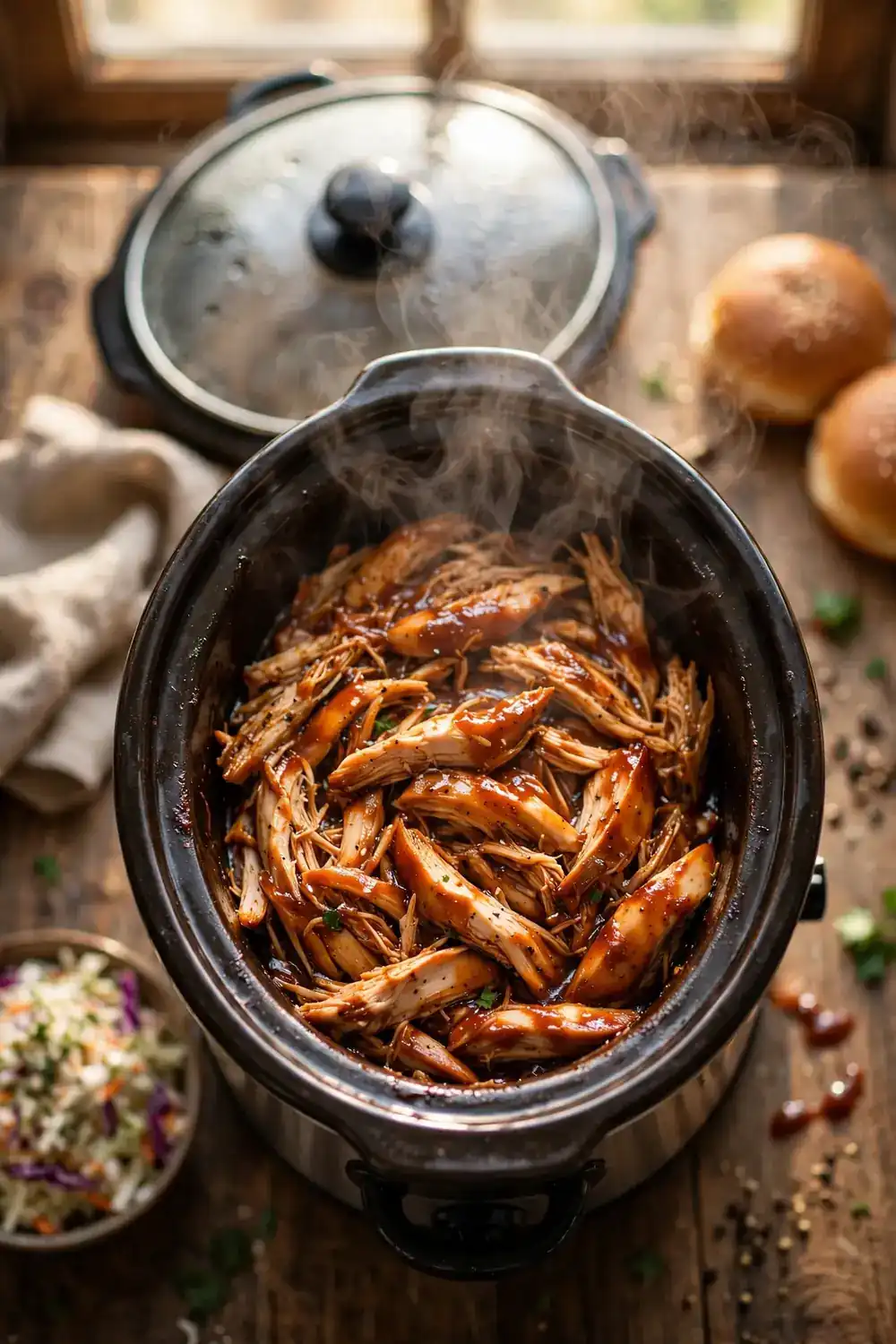 BBQ pulled chicken in a slow cooker with smoky sauce