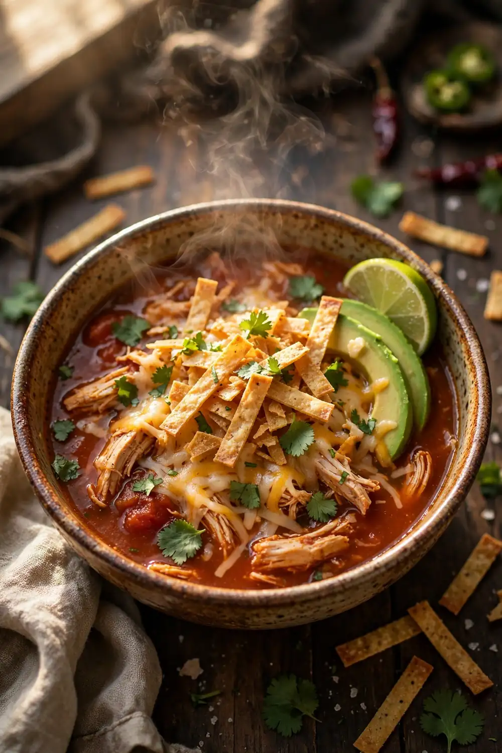 Chicken tortilla soup with avocado tortilla strips cheese and lime