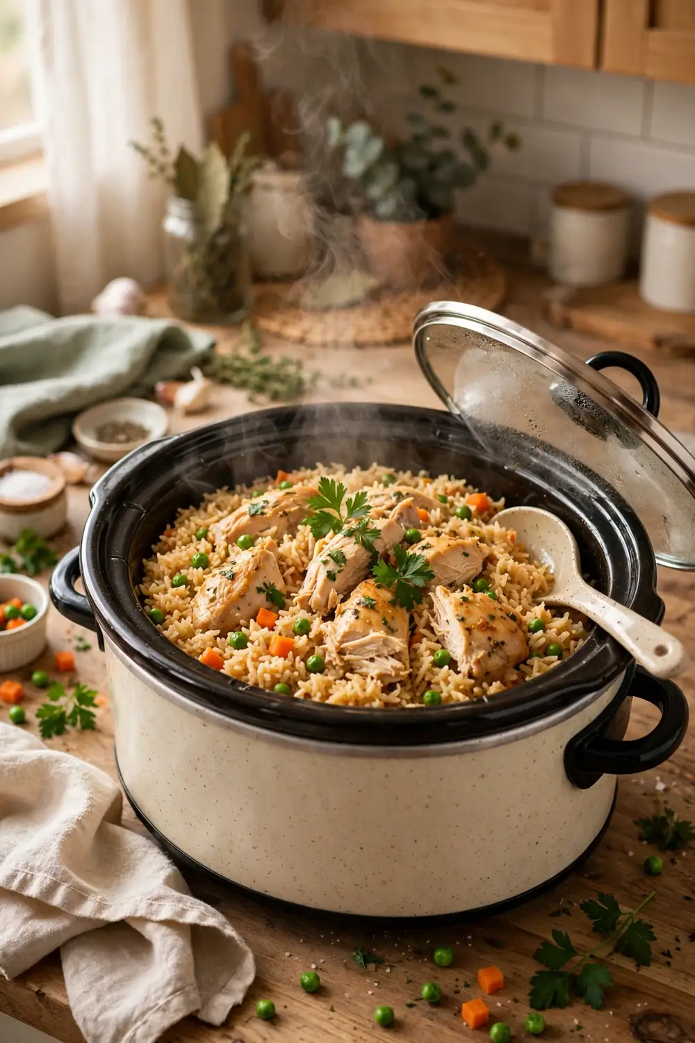 Chicken and rice with peas carrots and parsley in a slow cooker