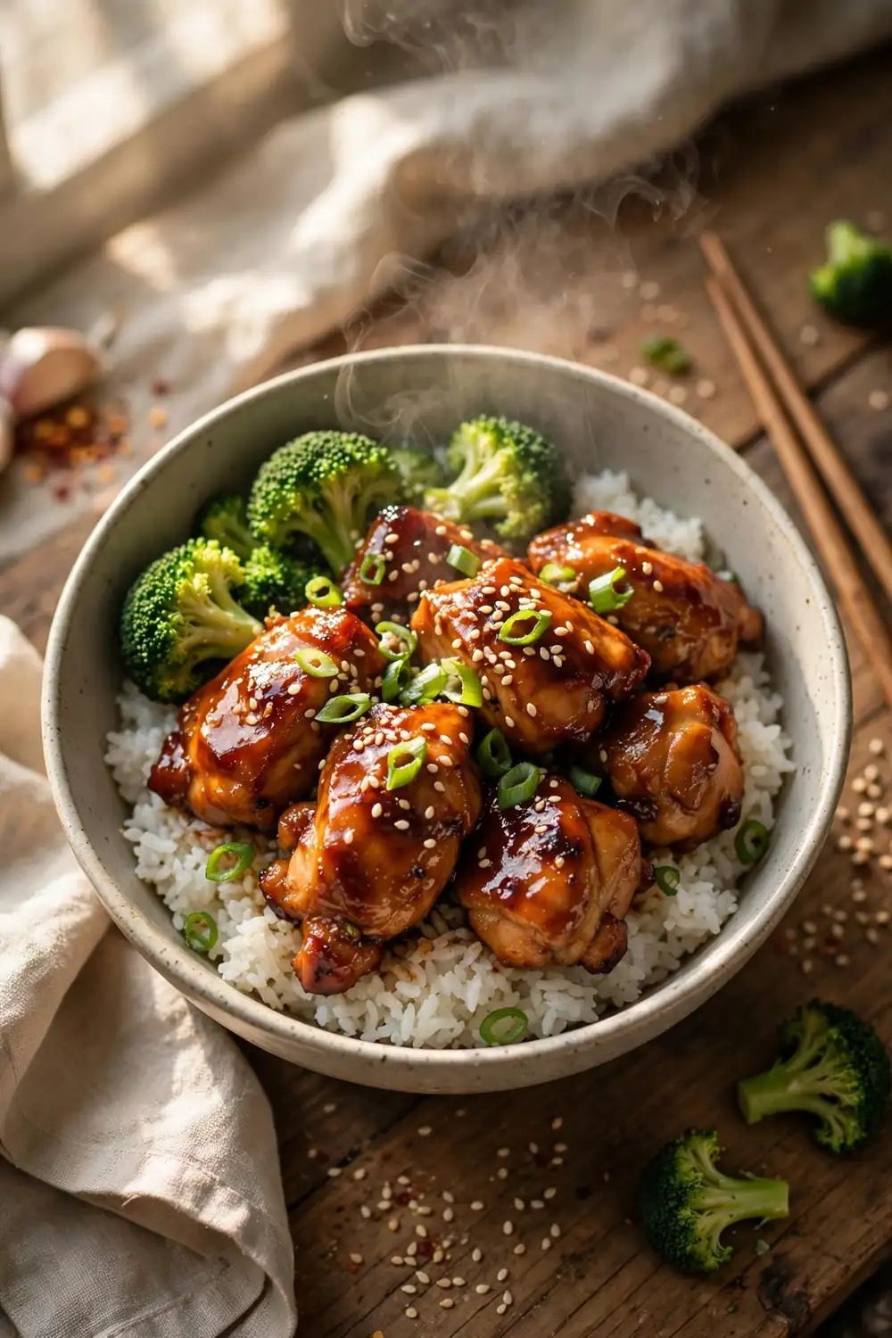 Teriyaki chicken bowl with rice broccoli sesame and green onions
