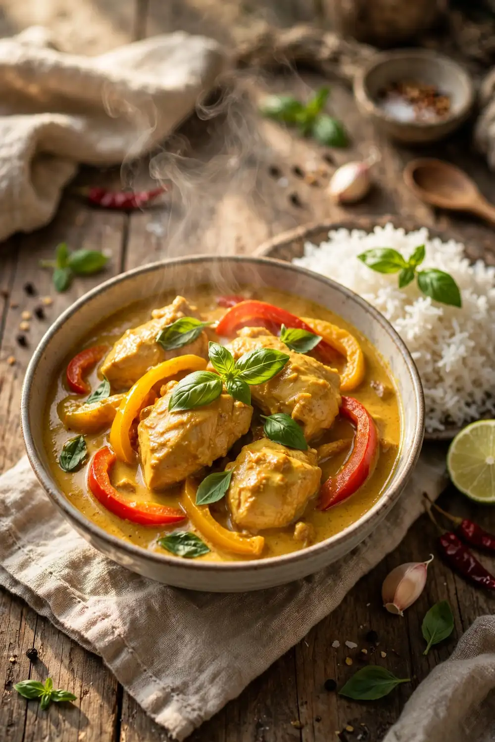 Coconut curry chicken with bell peppers basil and jasmine rice