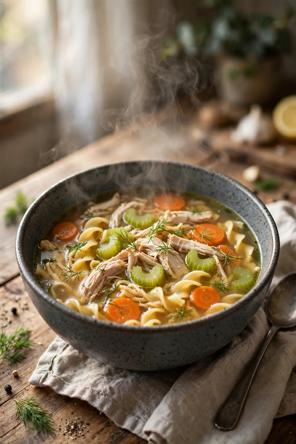 Chicken noodle soup with egg noodles carrots celery and dill