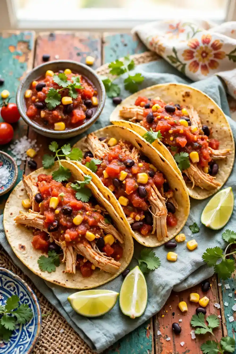 Salsa taco chicken in tortillas with corn black beans lime and cilantro