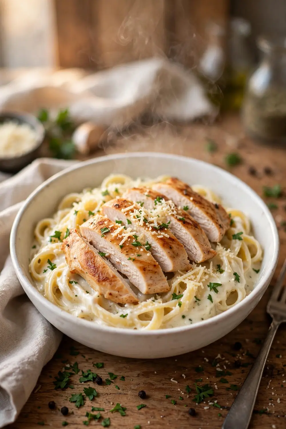 Chicken alfredo pasta with creamy sauce parmesan and parsley