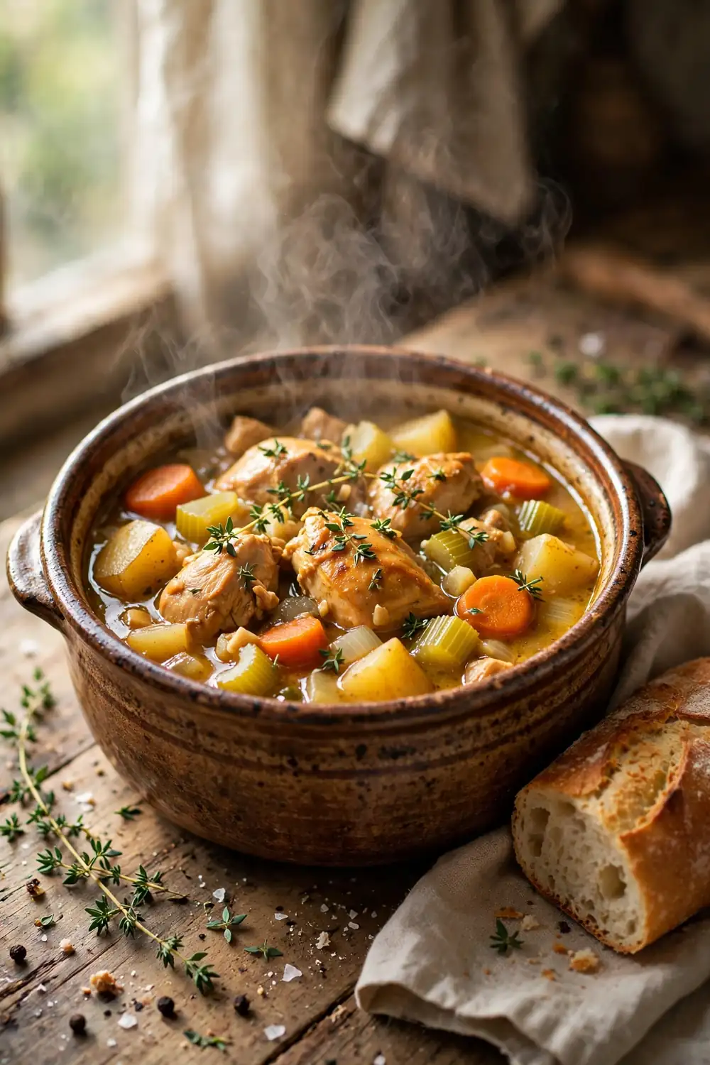 Hearty chicken stew with potatoes carrots celery and thyme