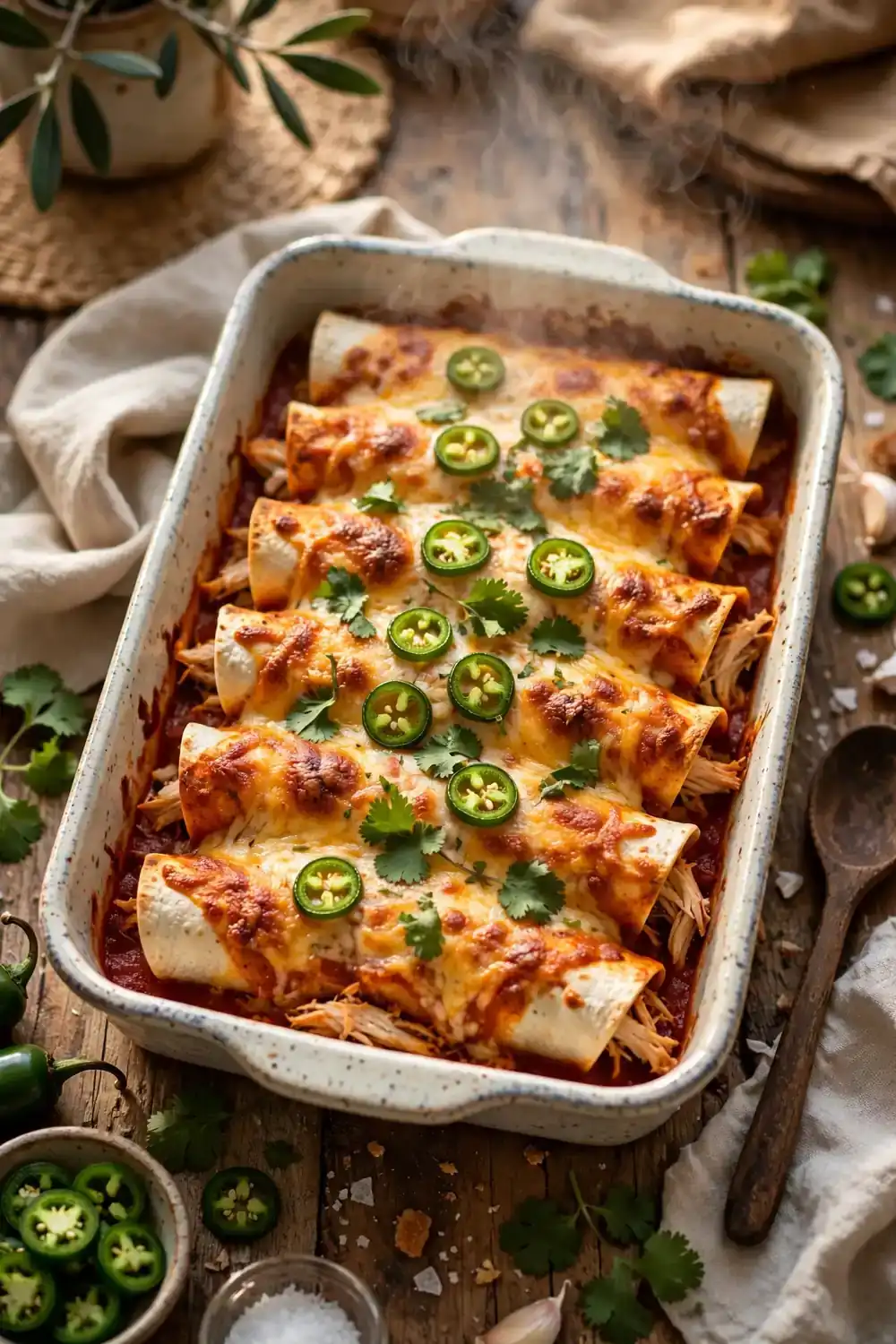 Chicken enchilada bake with red sauce melted cheese jalapenos and cilantro