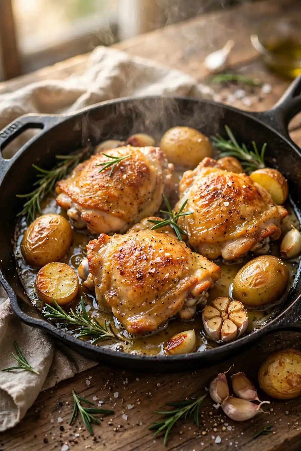 Garlic butter chicken thighs with baby potatoes garlic and rosemary