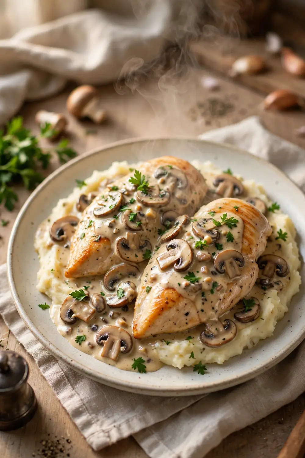 Creamy mushroom chicken with sliced mushrooms parsley and mashed potatoes