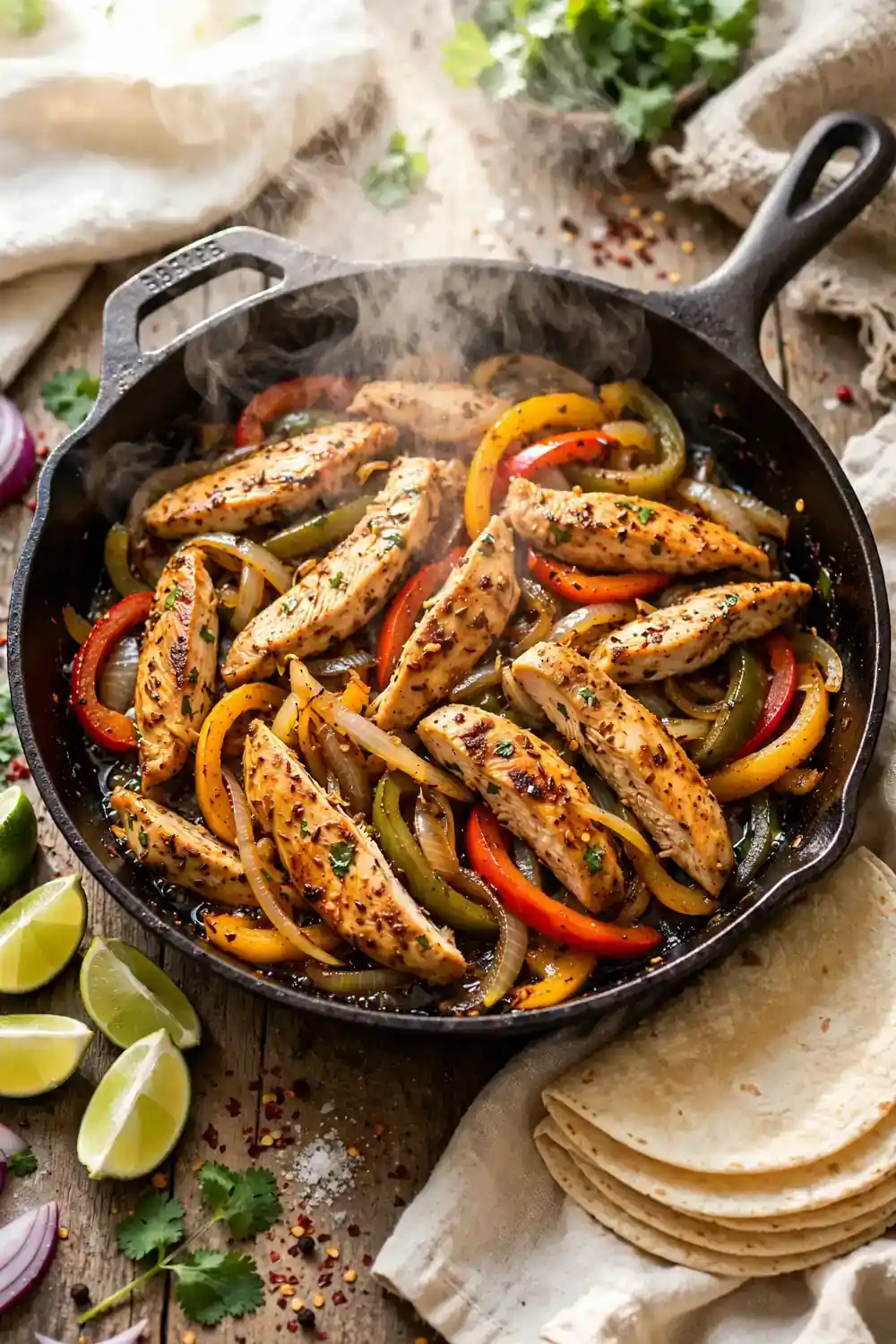 Chicken fajita filling with bell peppers onions lime and tortillas