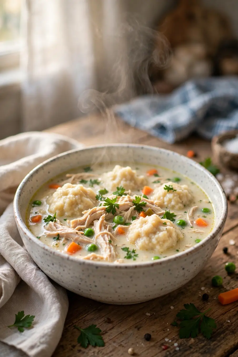 Chicken and dumpling soup with fluffy dumplings carrots peas and parsley
