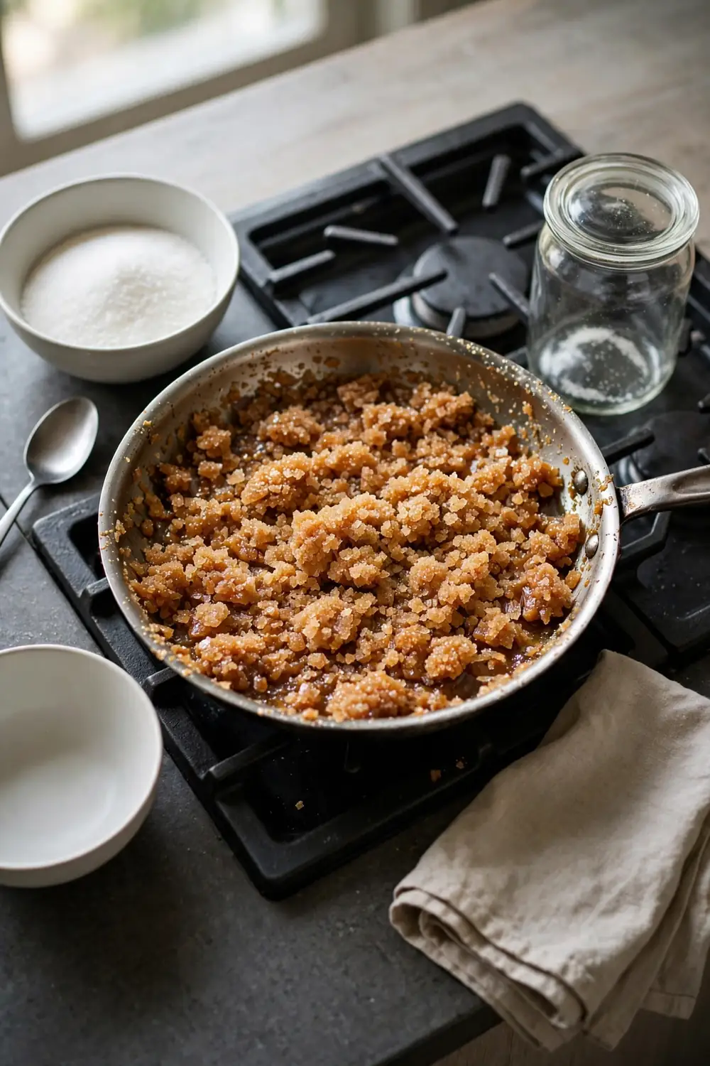 Pan of hard crystallized caramel on a stove