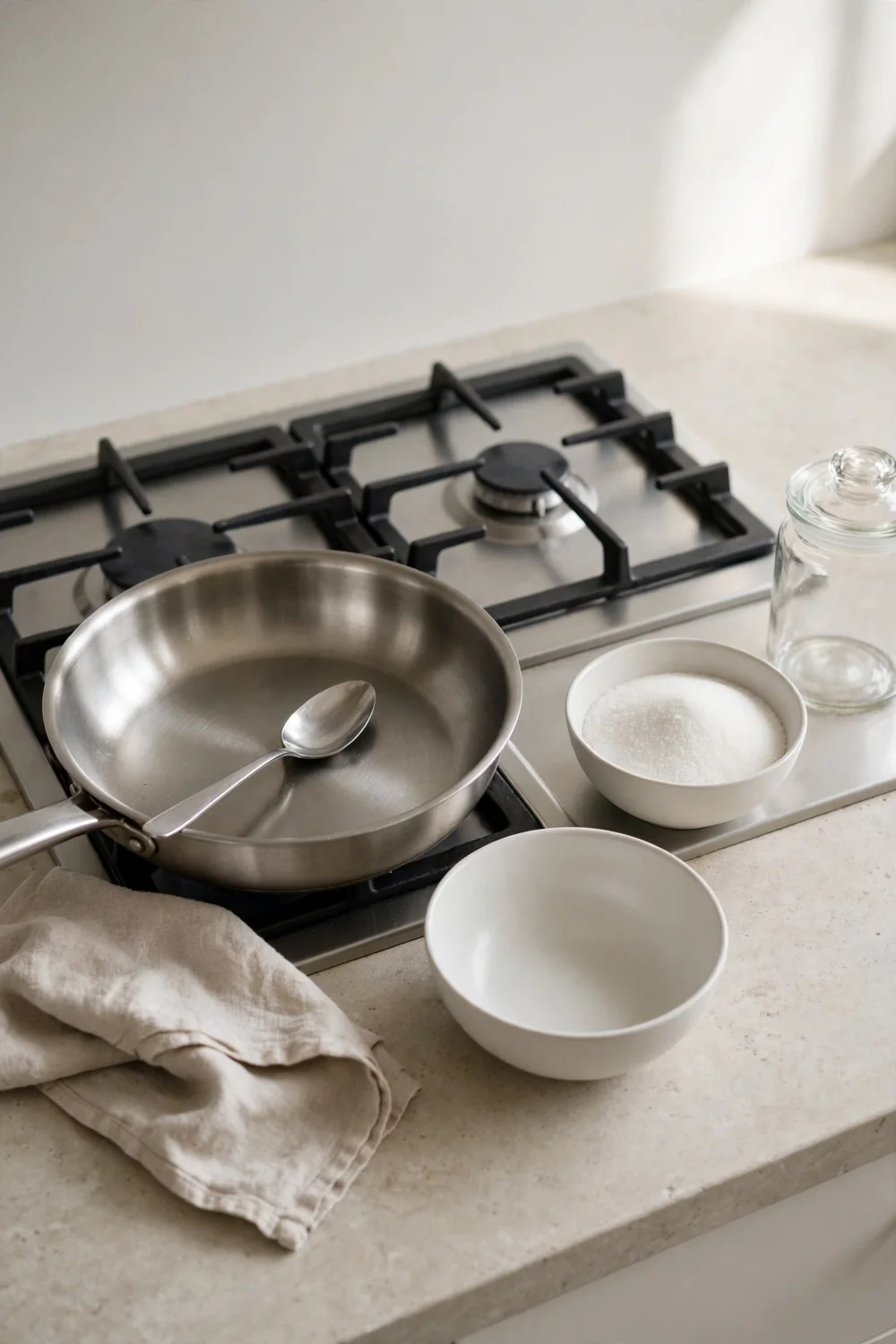 Clean plain pan and spoon on a stove