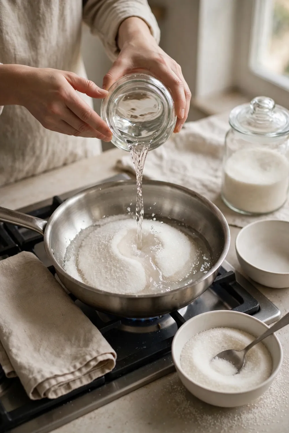 Pouring water into a pan of sugar