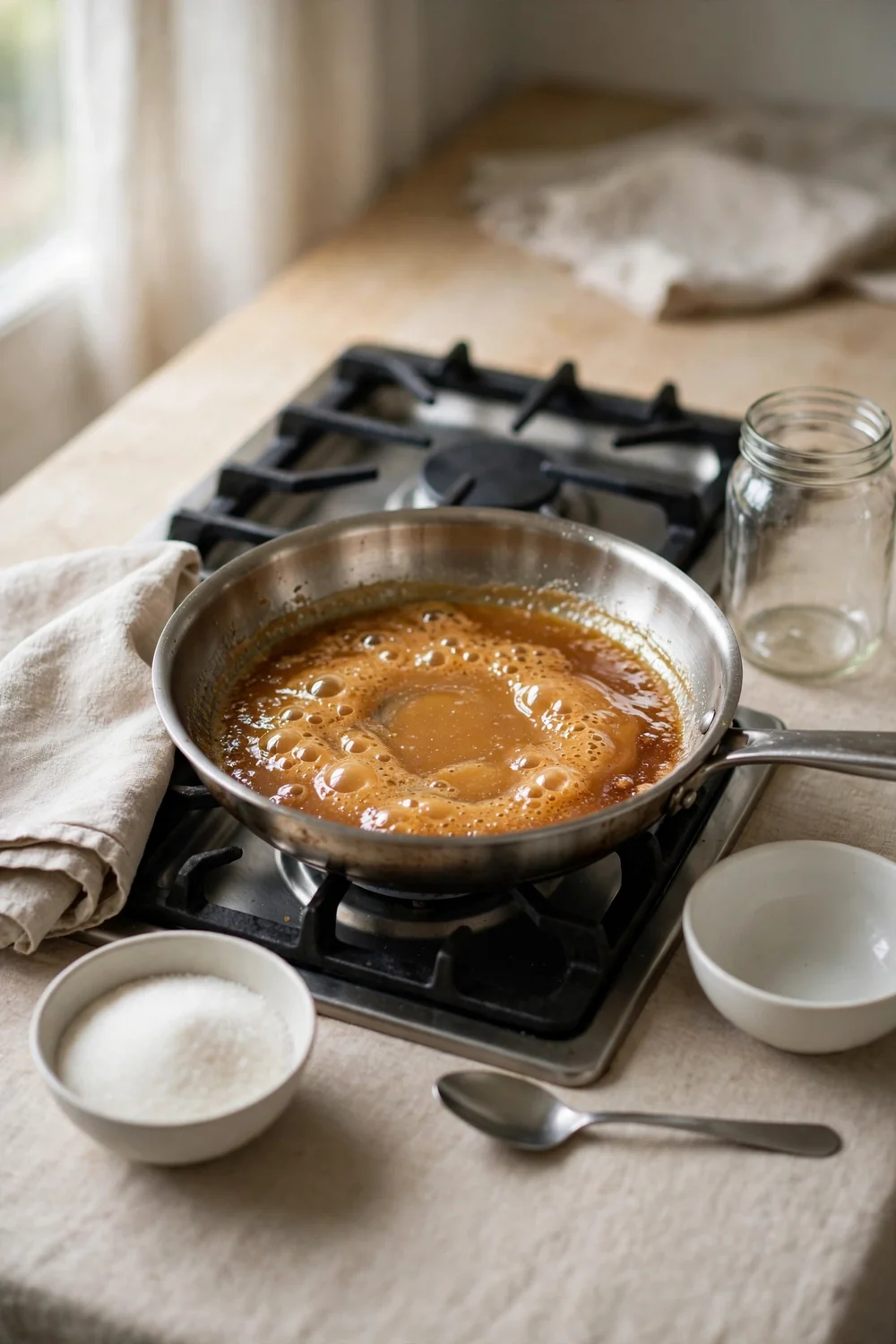 Pan of caramel melting on a stove without stirring