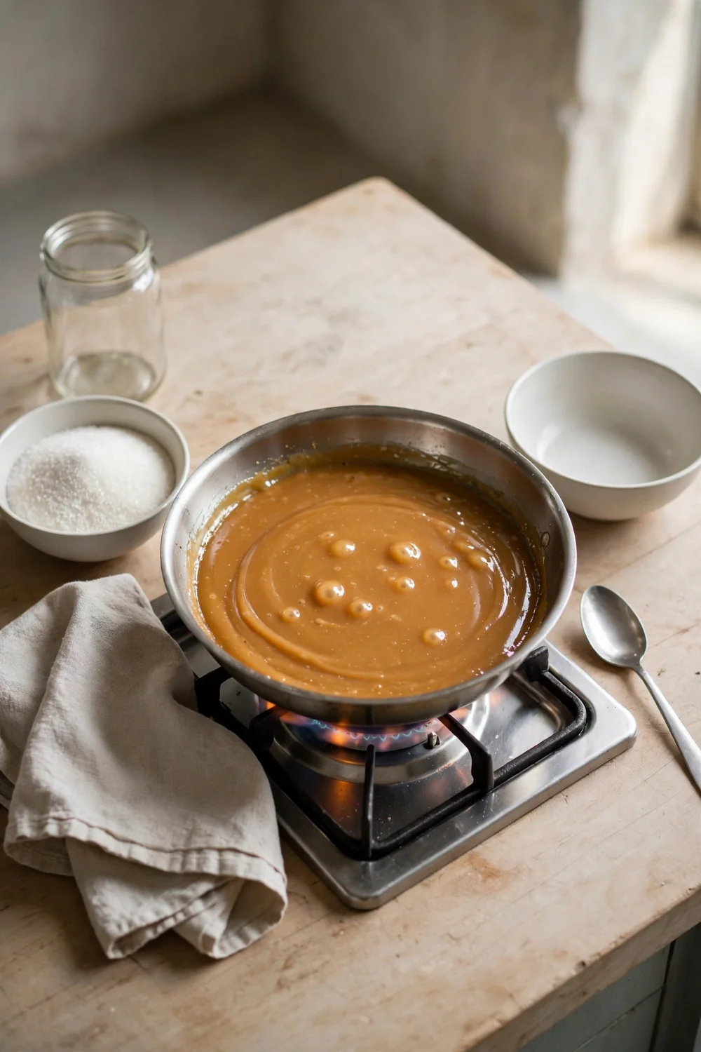 Stove flame under a pan of caramel