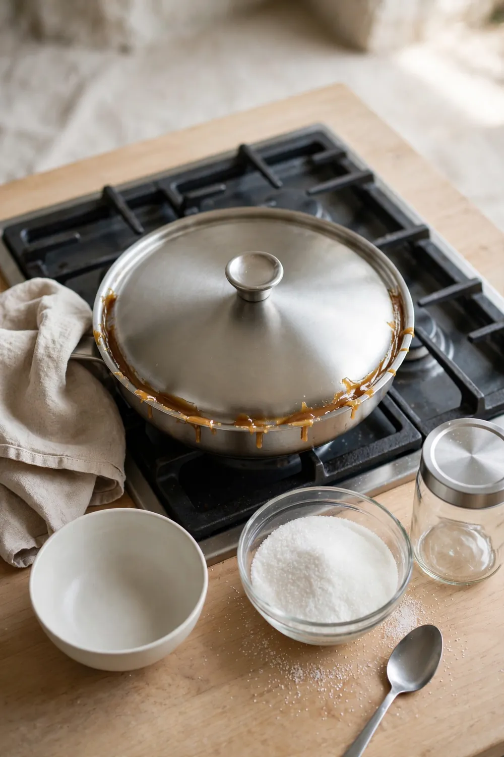Pan of caramel covered with a lid on a stove