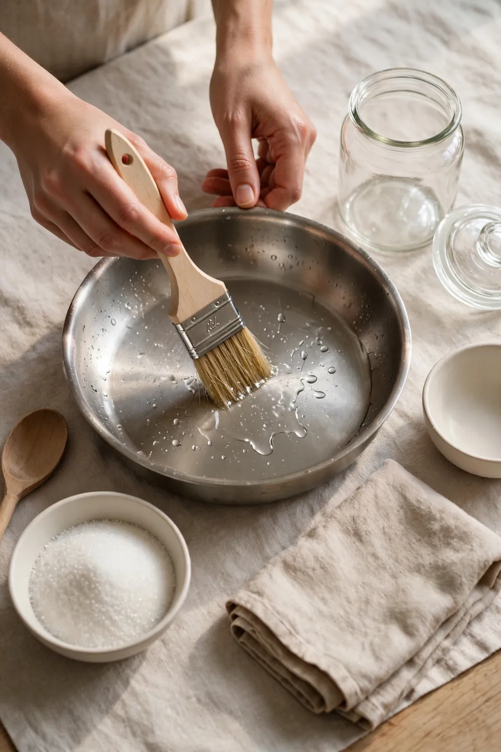 Brushing the inside of a pan with a brush dipped in water