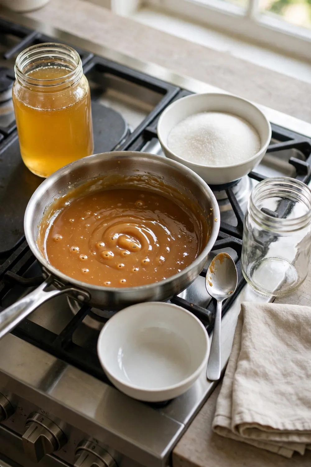 Jar of corn syrup beside a pan of caramel