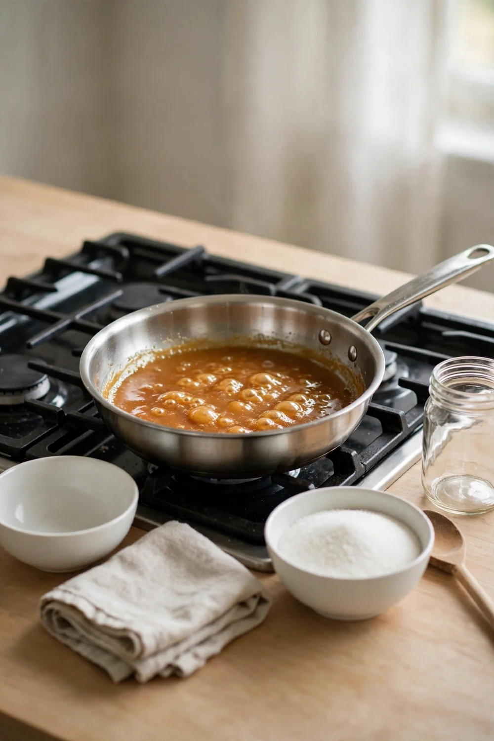 Single small batch of caramel in a plain pan