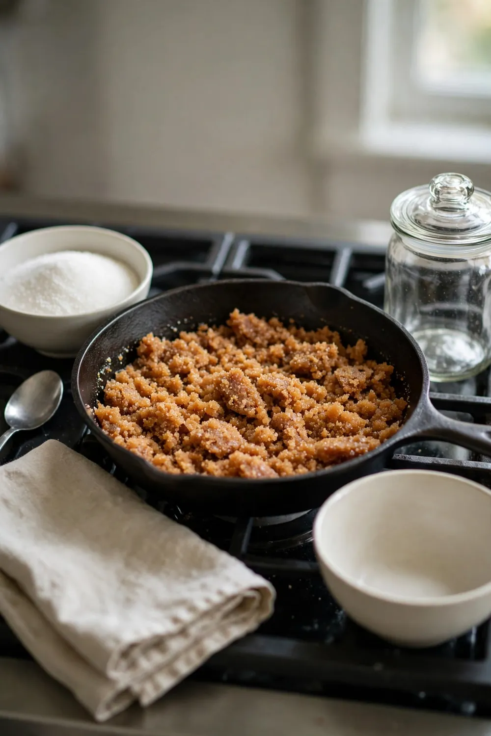 Pan of hard grainy caramel beside a bowl of sugar