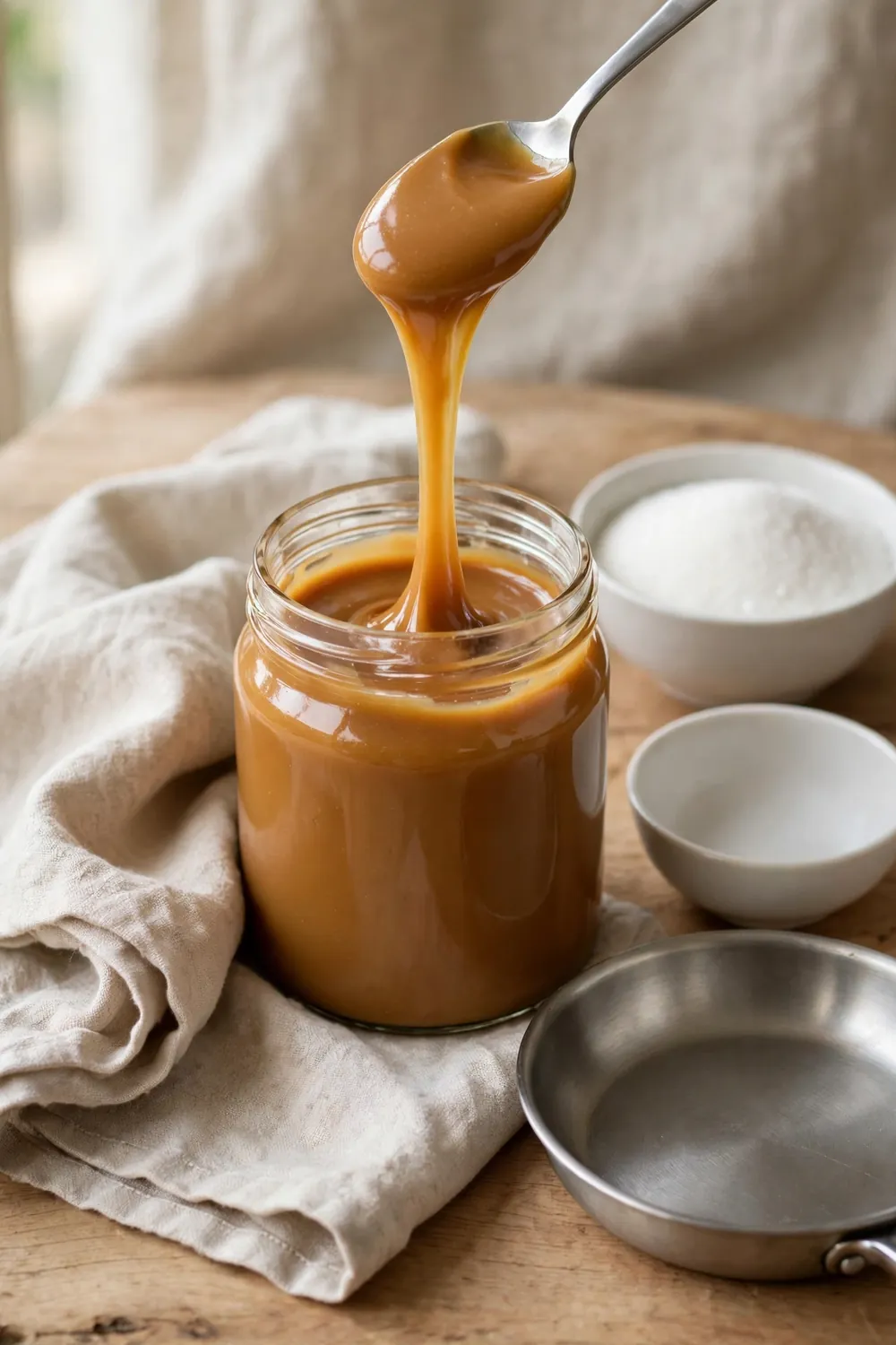 Smooth silky caramel in a plain jar