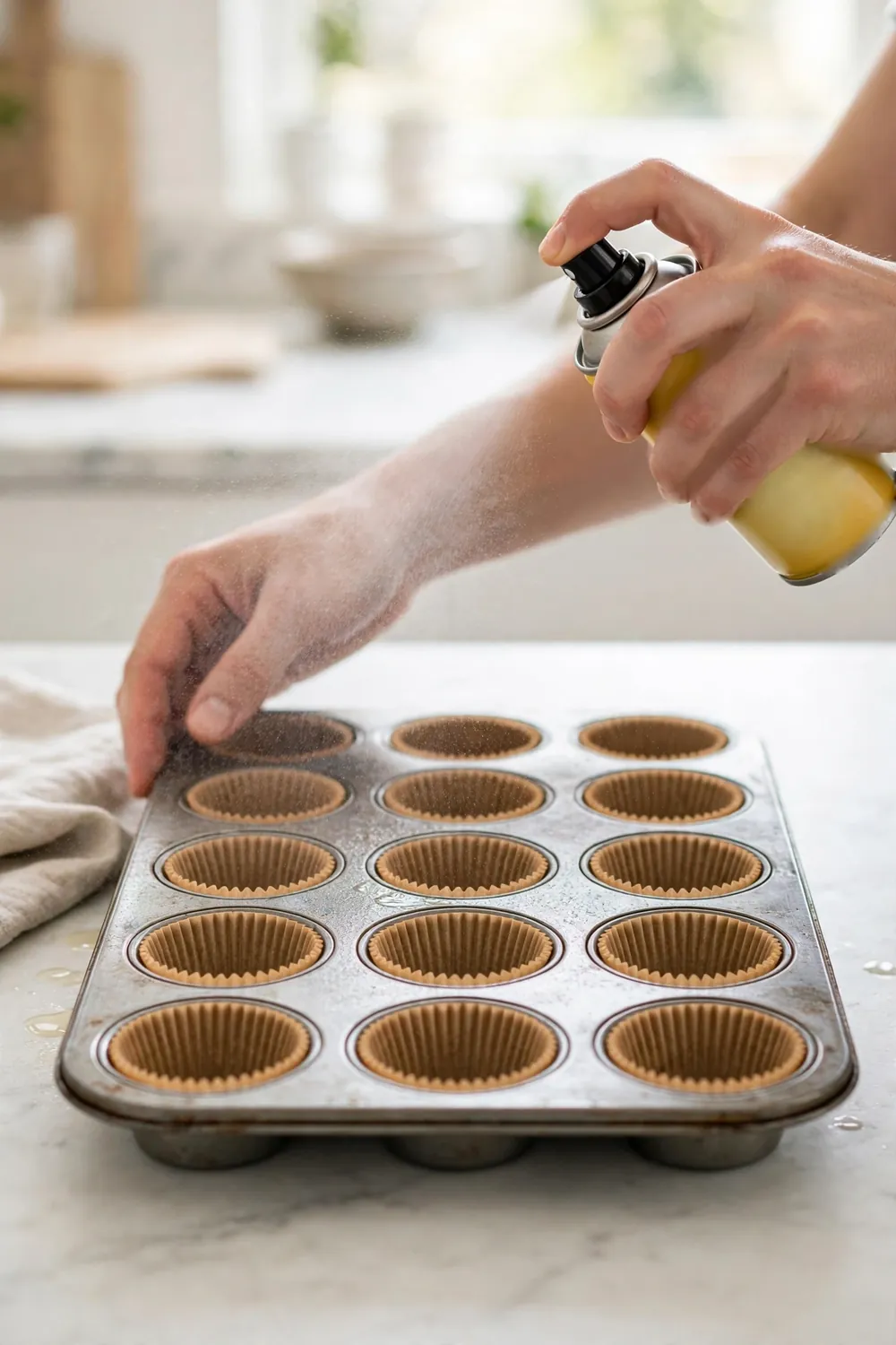 Hands spraying paper cupcake liners with a light coat of oil