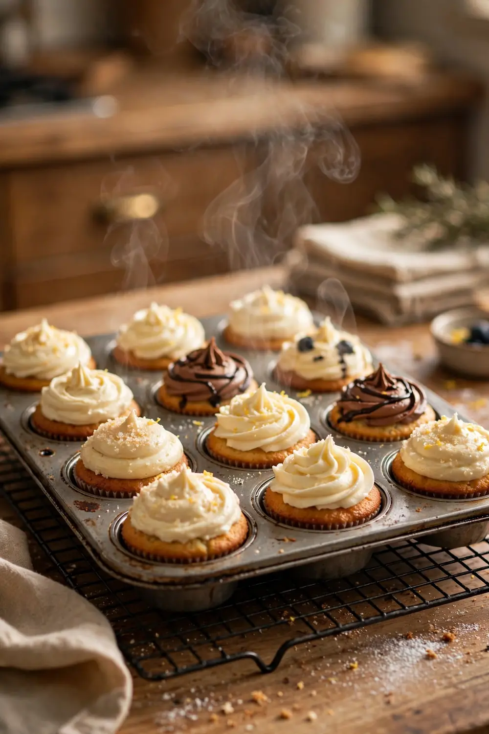 Cupcakes cooling in a metal pan on a wire rack