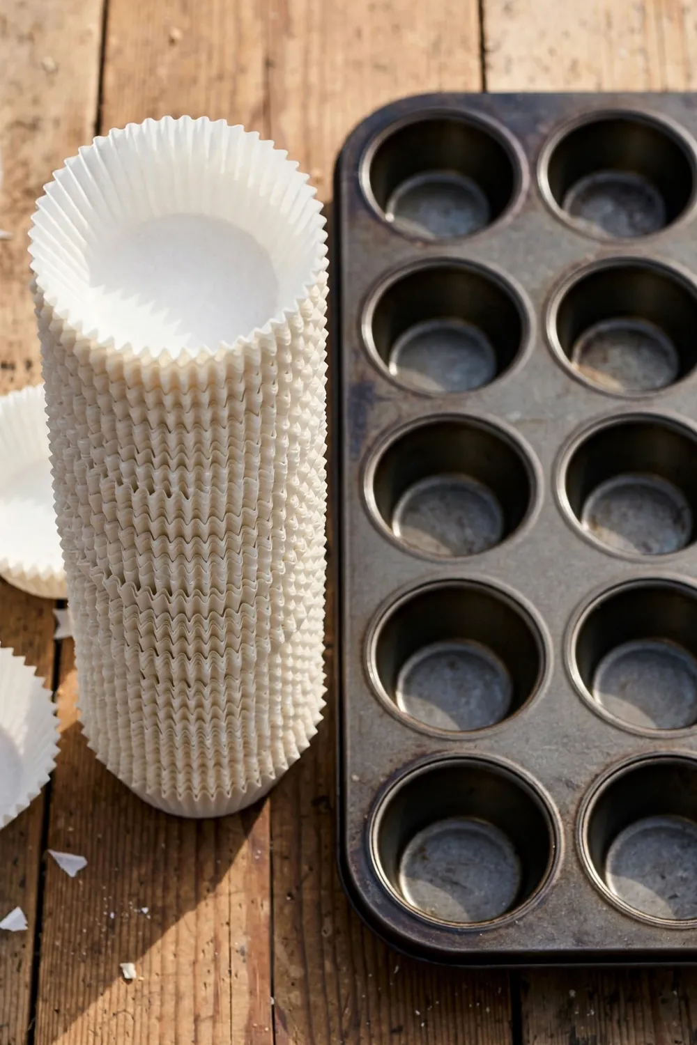 Sturdy parchment cupcake liners beside a muffin pan