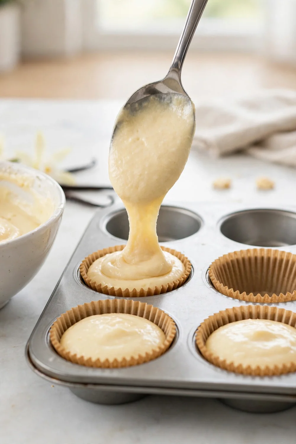 Spoon filling paper cupcake liners two thirds full with batter