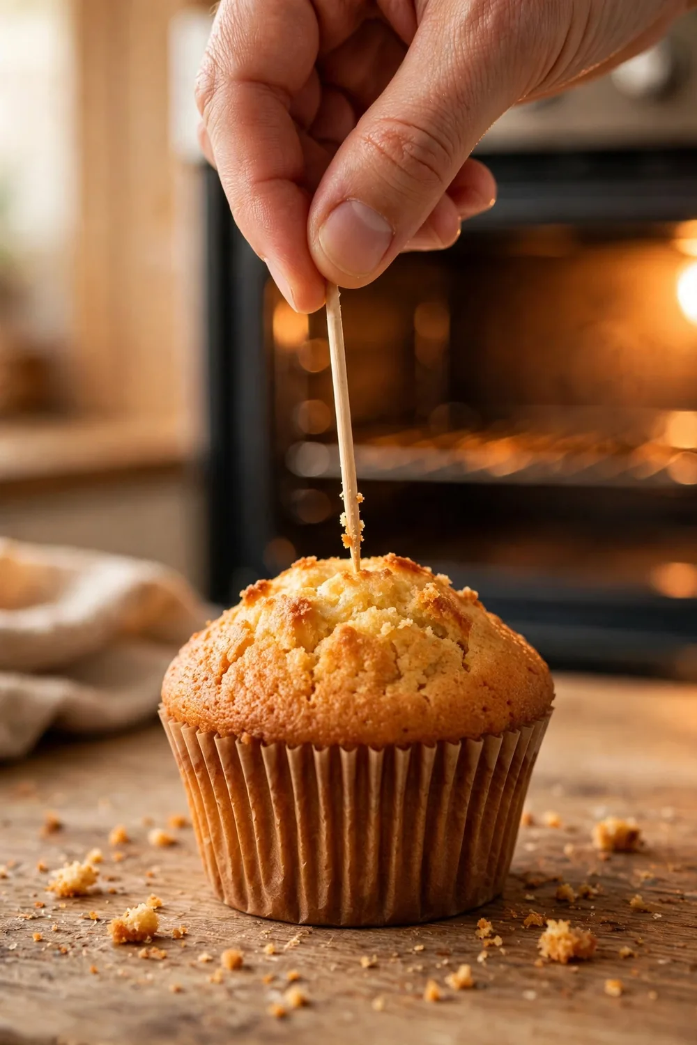 Toothpick testing a baked cupcake in a paper liner