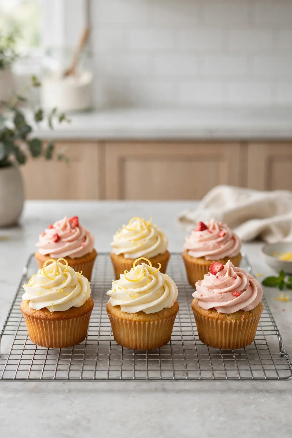 Cupcakes spaced out cooling on a wire rack