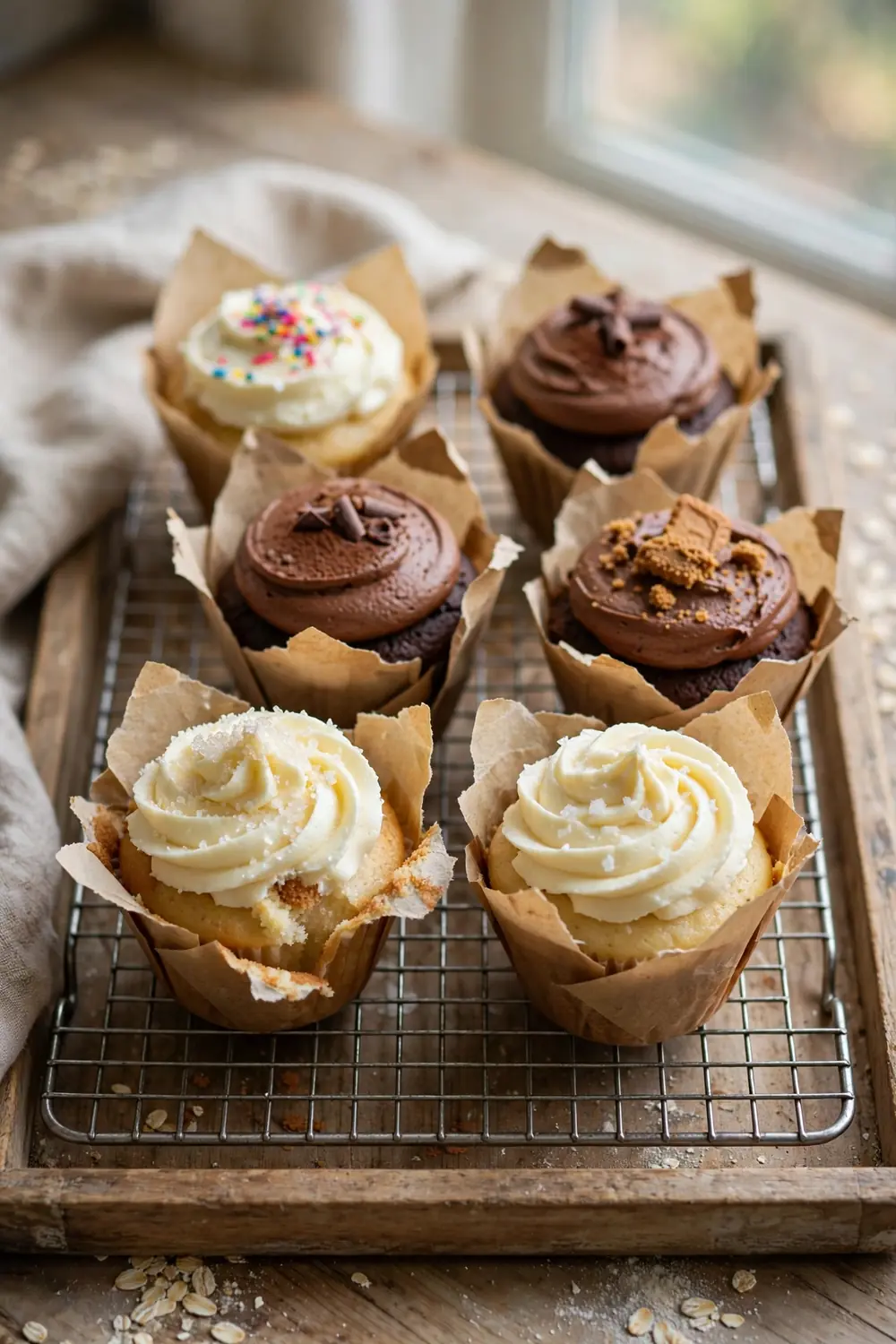 Cupcakes with torn liners cooling on a wire rack