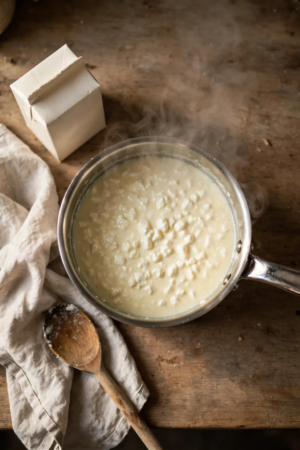 Cream sauce with curds in a saucepan